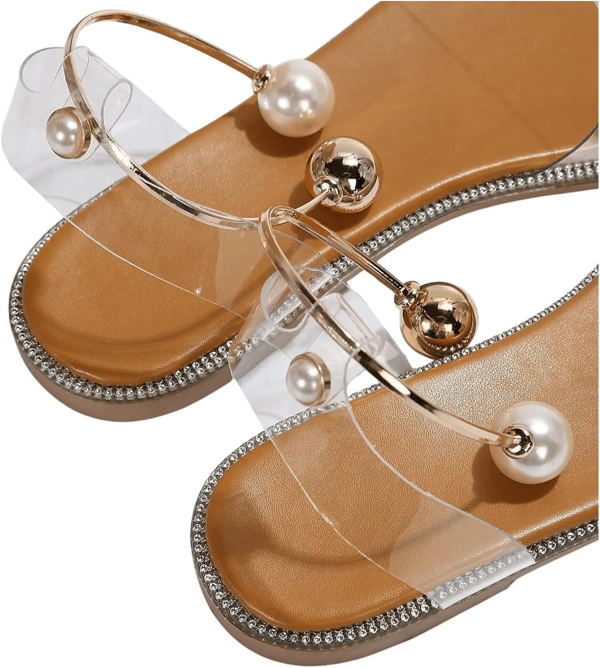 OYOANGLE Women's Pearl Decor Clear Straps Open Toe Flat Sandals Leather Outdoor Beach Sandals