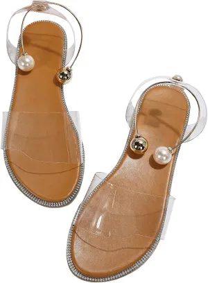 OYOANGLE Women's Pearl Decor Clear Straps Open Toe Flat Sandals Leather Outdoor Beach Sandals