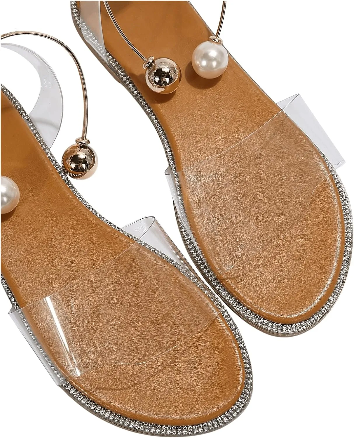 OYOANGLE Women's Pearl Decor Clear Straps Open Toe Flat Sandals Leather Outdoor Beach Sandals