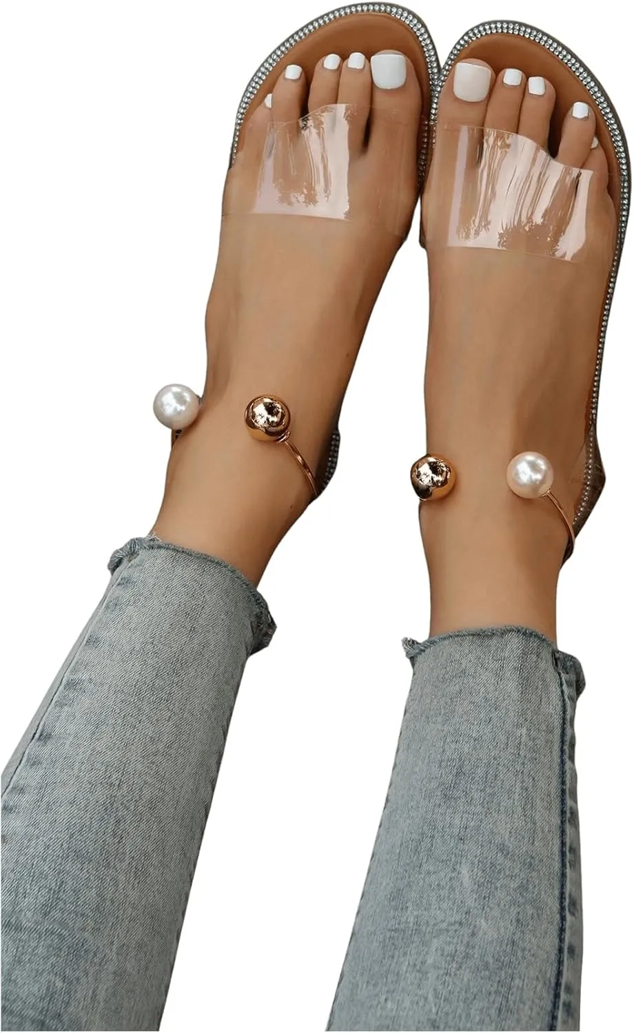 OYOANGLE Women's Pearl Decor Clear Straps Open Toe Flat Sandals Leather Outdoor Beach Sandals