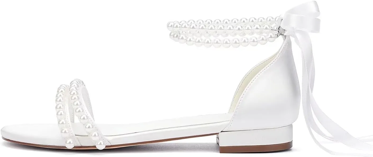 Pearl Flats Bridal Sandals Wedding Flats for Bride Open Toe Beach Wedding Shoes