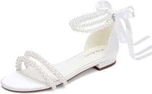 Pearl Flats Bridal Sandals Wedding Flats for Bride Open Toe Beach Wedding Shoes