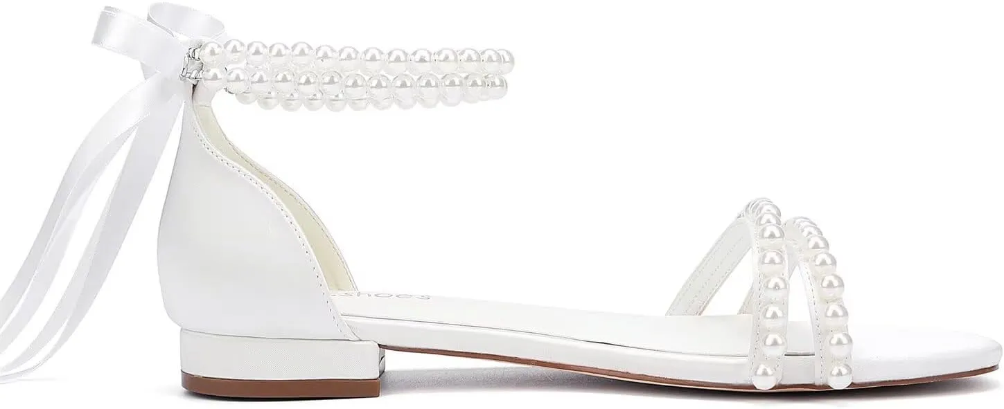 Pearl Flats Bridal Sandals Wedding Flats for Bride Open Toe Beach Wedding Shoes