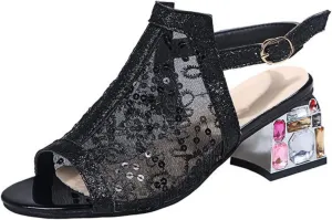 pearlzone Mesh Rhinestone Sandals for Womens Latin Mid Chunky Heel Dance Shoes Heeled Ballroom Salsa Tango Party Sequin Sexy Dance Shoes