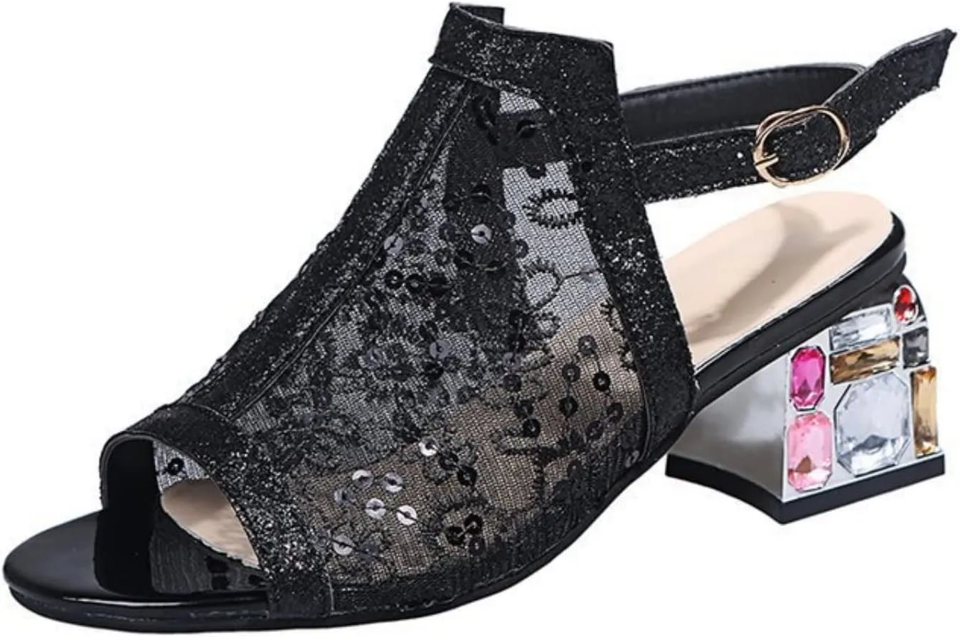 pearlzone Mesh Rhinestone Sandals for Womens Latin Mid Chunky Heel Dance Shoes Heeled Ballroom Salsa Tango Party Sequin Sexy Dance Shoes