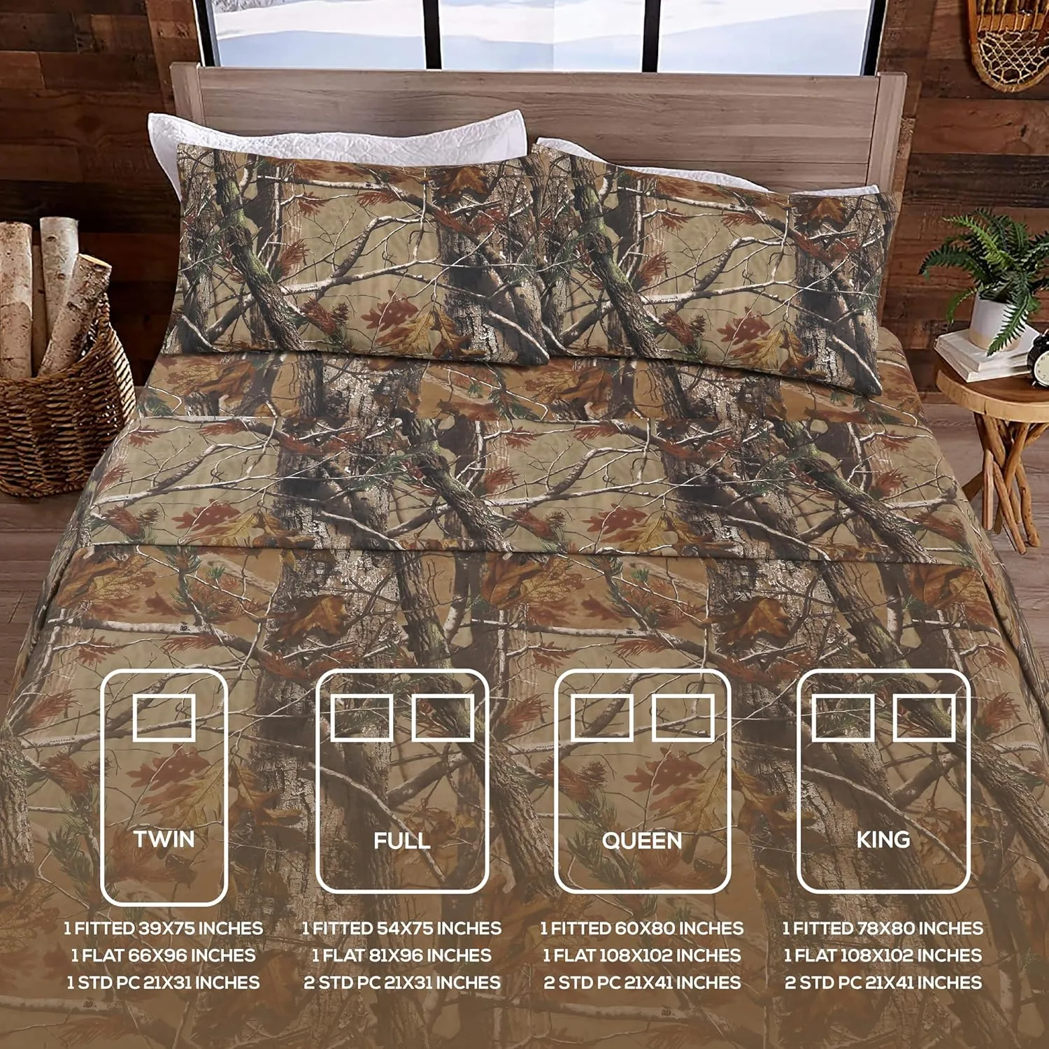 Realtree All Purpose Camo Bedding Queen Sheet Set 4 Piece Polycotton Rustic Farmhouse Bedding for Lodge, Cabin & Hunting Bed Set – Perfect for Outdoor Camouflage Bedroom - (60"x80")