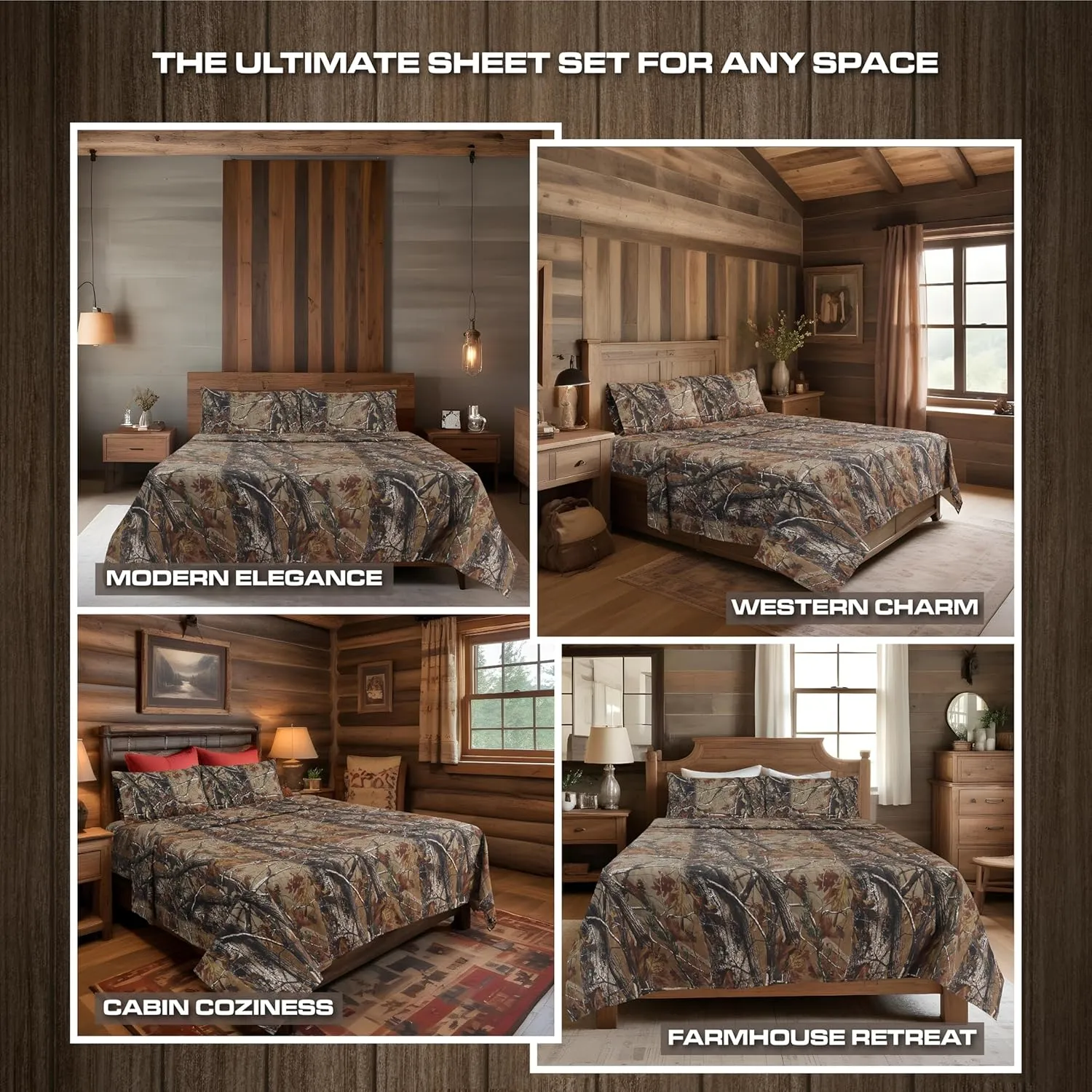 Realtree All Purpose Camo Bedding Queen Sheet Set 4 Piece Polycotton Rustic Farmhouse Bedding for Lodge, Cabin & Hunting Bed Set – Perfect for Outdoor Camouflage Bedroom - (60"x80")