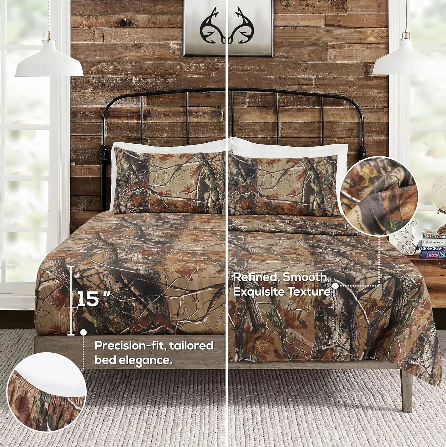 Realtree All Purpose Camo Bedding Queen Sheet Set 4 Piece Polycotton Rustic Farmhouse Bedding for Lodge, Cabin & Hunting Bed Set – Perfect for Outdoor Camouflage Bedroom - (60"x80")
