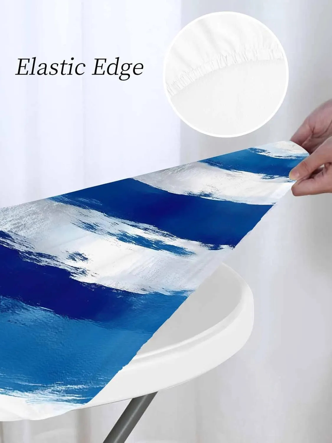Round Fitted Tablecloth Blue and White Street Art Waterproof Table Cover for Indoor Outdoor Holiday Party Abstract Graffiti Painting Elastic Edged Tablecloths Fit Up 55"-60" Tables