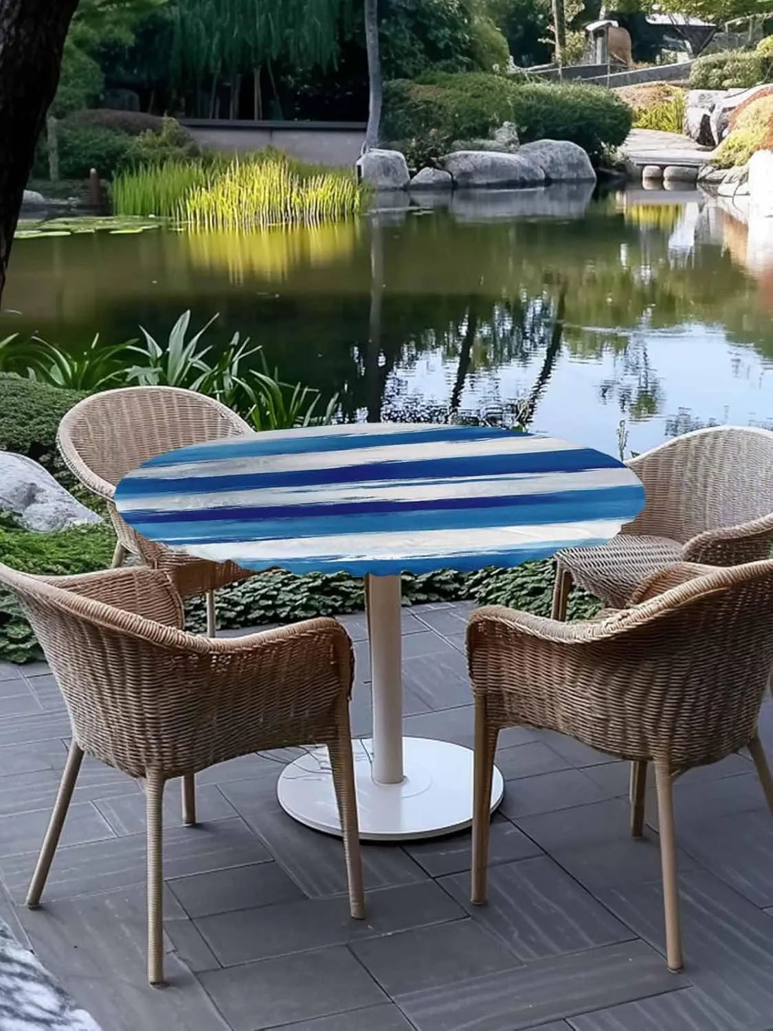 Round Fitted Tablecloth Blue and White Street Art Waterproof Table Cover for Indoor Outdoor Holiday Party Abstract Graffiti Painting Elastic Edged Tablecloths Fit Up 55"-60" Tables