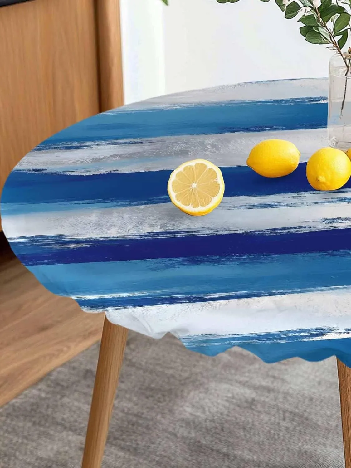 Round Fitted Tablecloth Blue and White Street Art Waterproof Table Cover for Indoor Outdoor Holiday Party Abstract Graffiti Painting Elastic Edged Tablecloths Fit Up 55"-60" Tables