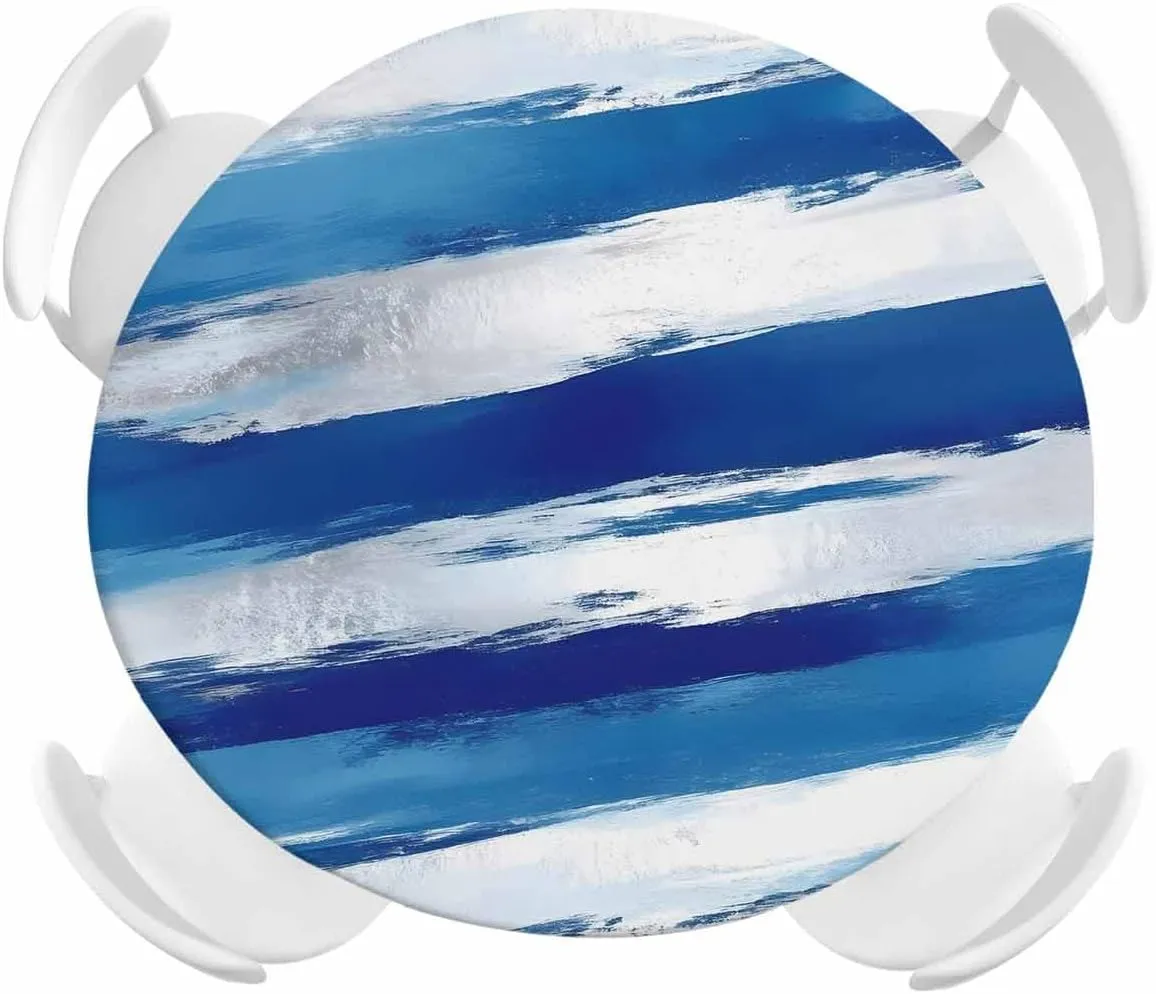 Round Fitted Tablecloth Blue and White Street Art Waterproof Table Cover for Indoor Outdoor Holiday Party Abstract Graffiti Painting Elastic Edged Tablecloths Fit Up 55"-60" Tables