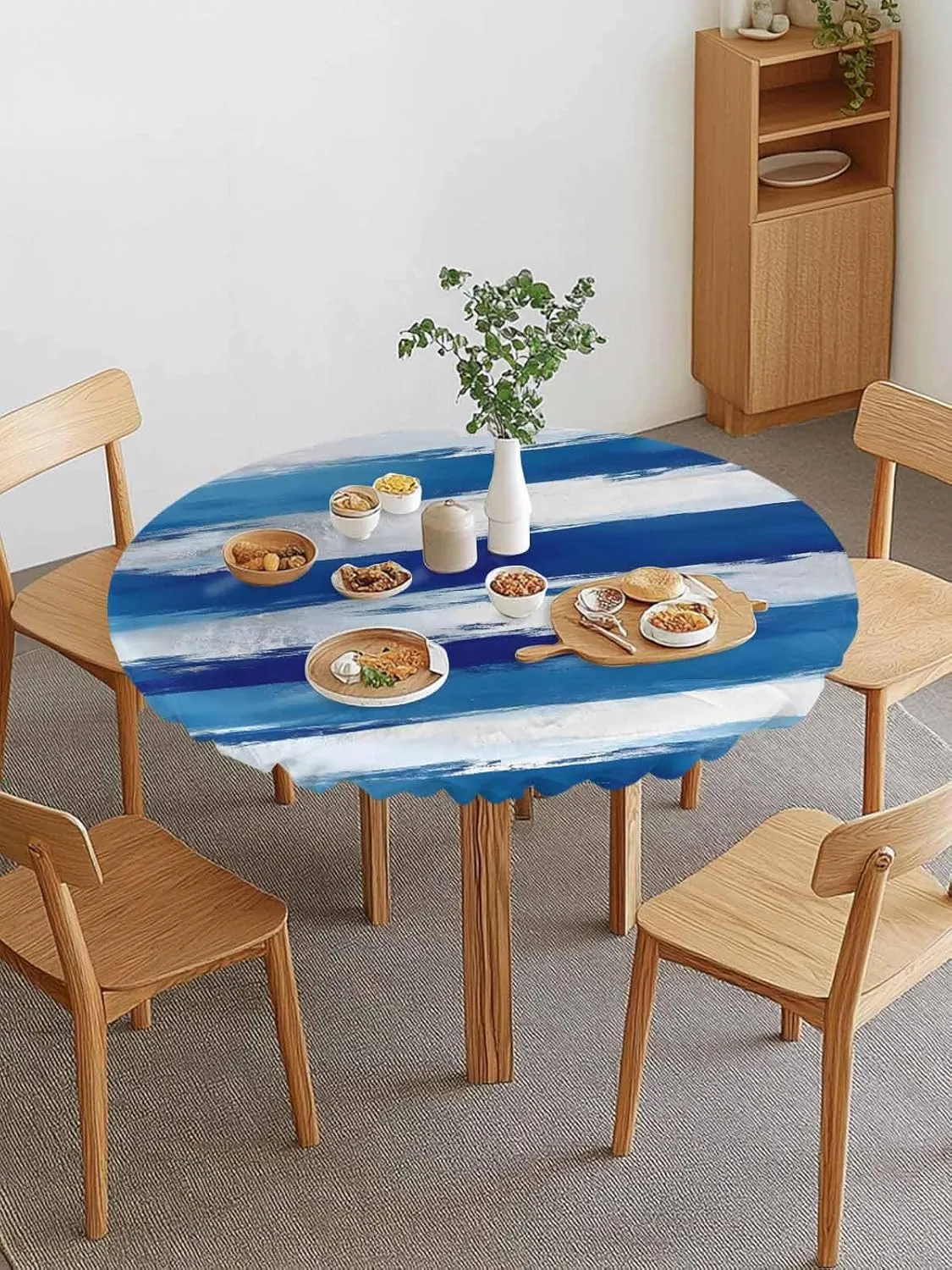 Round Fitted Tablecloth Blue and White Street Art Waterproof Table Cover for Indoor Outdoor Holiday Party Abstract Graffiti Painting Elastic Edged Tablecloths Fit Up 55"-60" Tables
