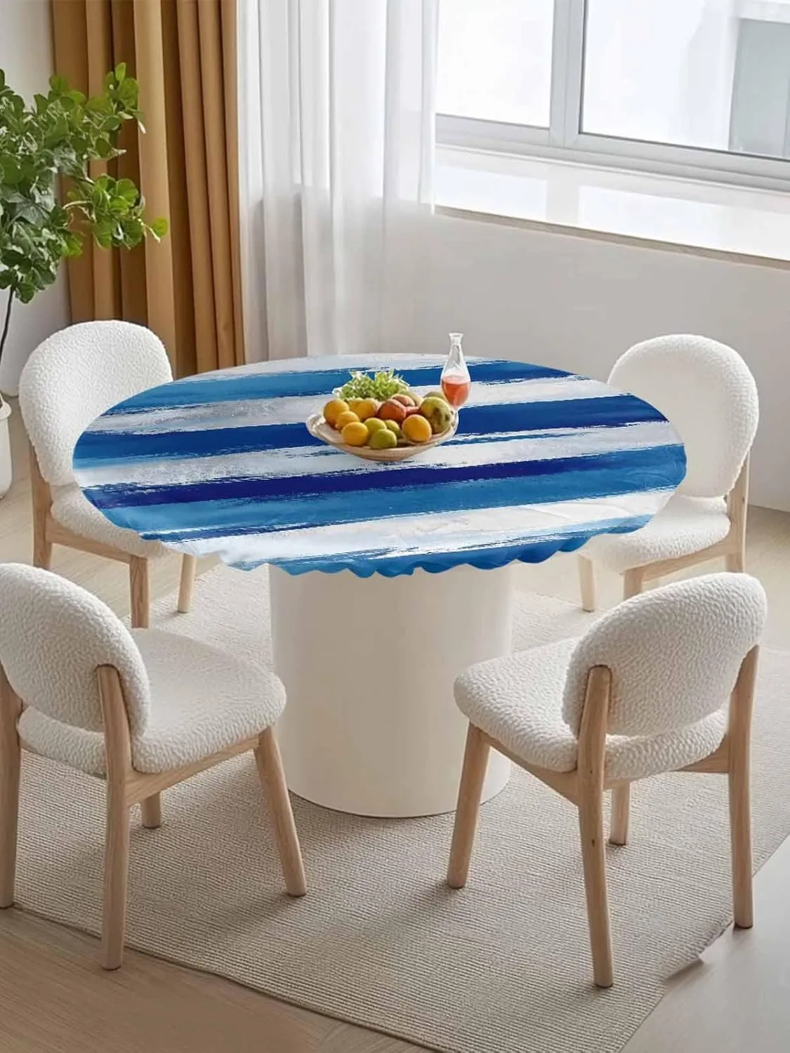 Round Fitted Tablecloth Blue and White Street Art Waterproof Table Cover for Indoor Outdoor Holiday Party Abstract Graffiti Painting Elastic Edged Tablecloths Fit Up 55"-60" Tables