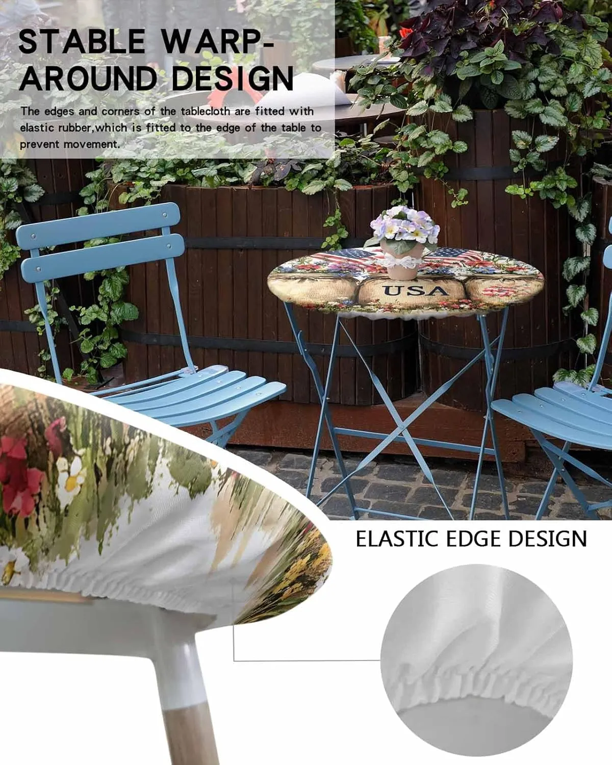 Round Fitted Tablecloth - Retro Patriotic USA Flowers Waterproof Table Cover for Indoor Outdoor Holiday Party, American Flag Independence Day Elastic Edged Tablecloths Fit Up 45"-54" Tables