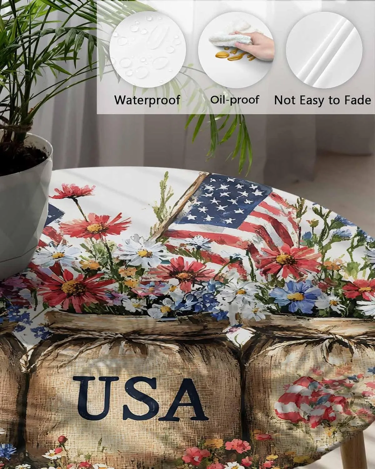 Round Fitted Tablecloth - Retro Patriotic USA Flowers Waterproof Table Cover for Indoor Outdoor Holiday Party, American Flag Independence Day Elastic Edged Tablecloths Fit Up 45"-54" Tables