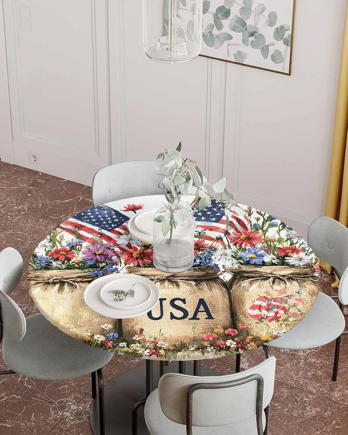 Round Fitted Tablecloth - Retro Patriotic USA Flowers Waterproof Table Cover for Indoor Outdoor Holiday Party, American Flag Independence Day Elastic Edged Tablecloths Fit Up 45"-54" Tables