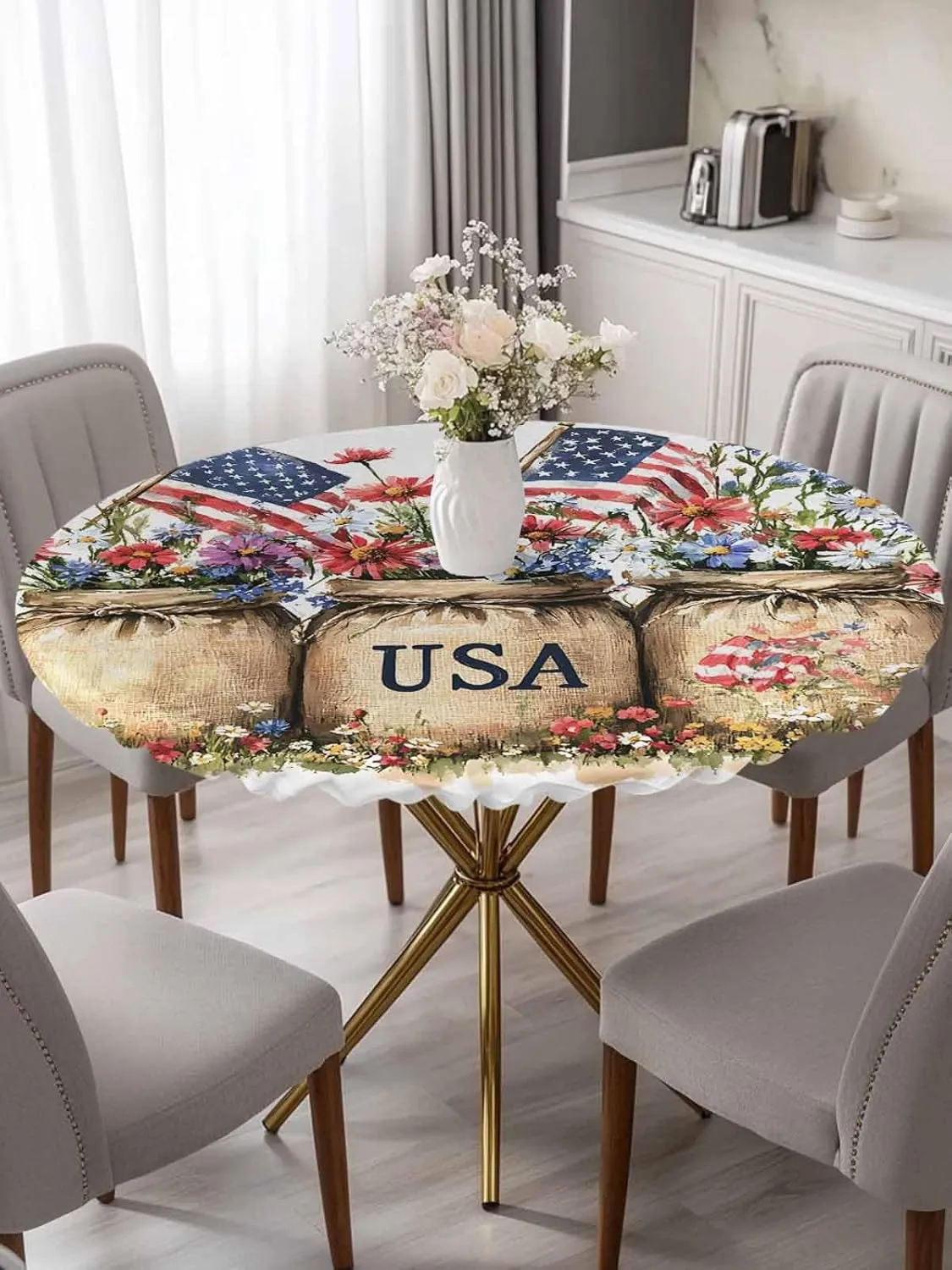 Round Fitted Tablecloth - Retro Patriotic USA Flowers Waterproof Table Cover for Indoor Outdoor Holiday Party, American Flag Independence Day Elastic Edged Tablecloths Fit Up 45"-54" Tables
