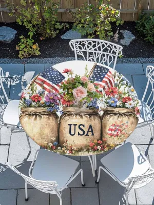 Round Fitted Tablecloth - Retro Patriotic USA Flowers Waterproof Table Cover for Indoor Outdoor Holiday Party, American Flag Independence Day Elastic Edged Tablecloths Fit Up 45"-54" Tables
