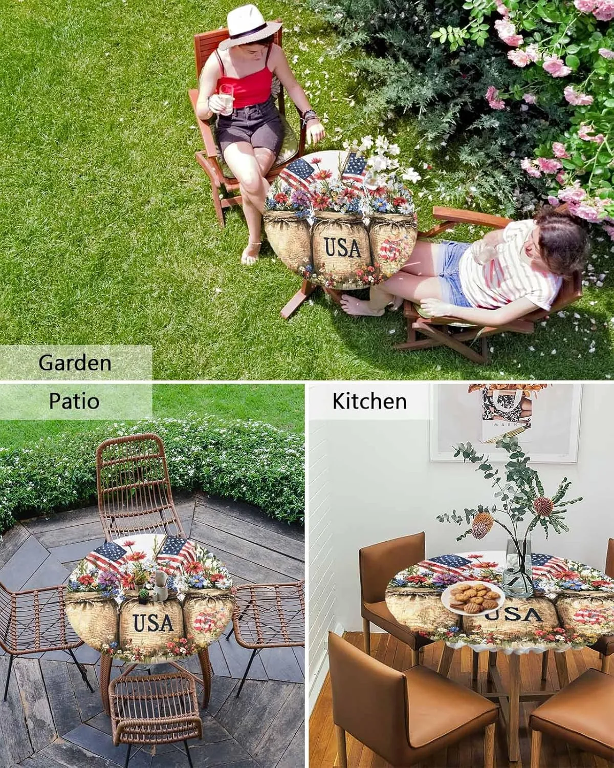 Round Fitted Tablecloth - Retro Patriotic USA Flowers Waterproof Table Cover for Indoor Outdoor Holiday Party, American Flag Independence Day Elastic Edged Tablecloths Fit Up 45"-54" Tables