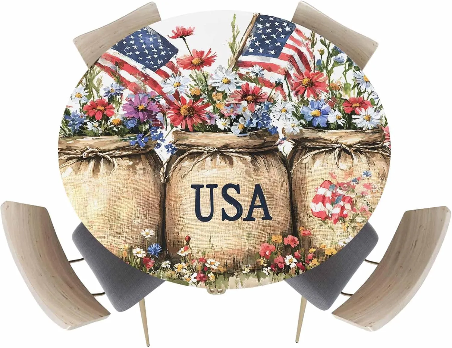 Round Fitted Tablecloth - Retro Patriotic USA Flowers Waterproof Table Cover for Indoor Outdoor Holiday Party, American Flag Independence Day Elastic Edged Tablecloths Fit Up 45"-54" Tables