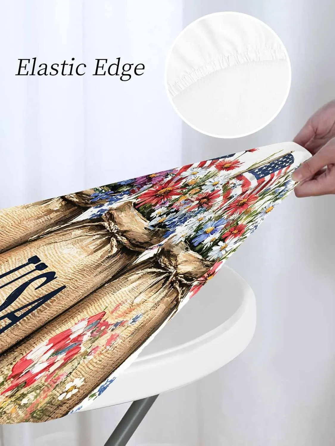 Round Fitted Tablecloth - Retro Patriotic USA Flowers Waterproof Table Cover for Indoor Outdoor Holiday Party, American Flag Independence Day Elastic Edged Tablecloths Fit Up 45"-54" Tables