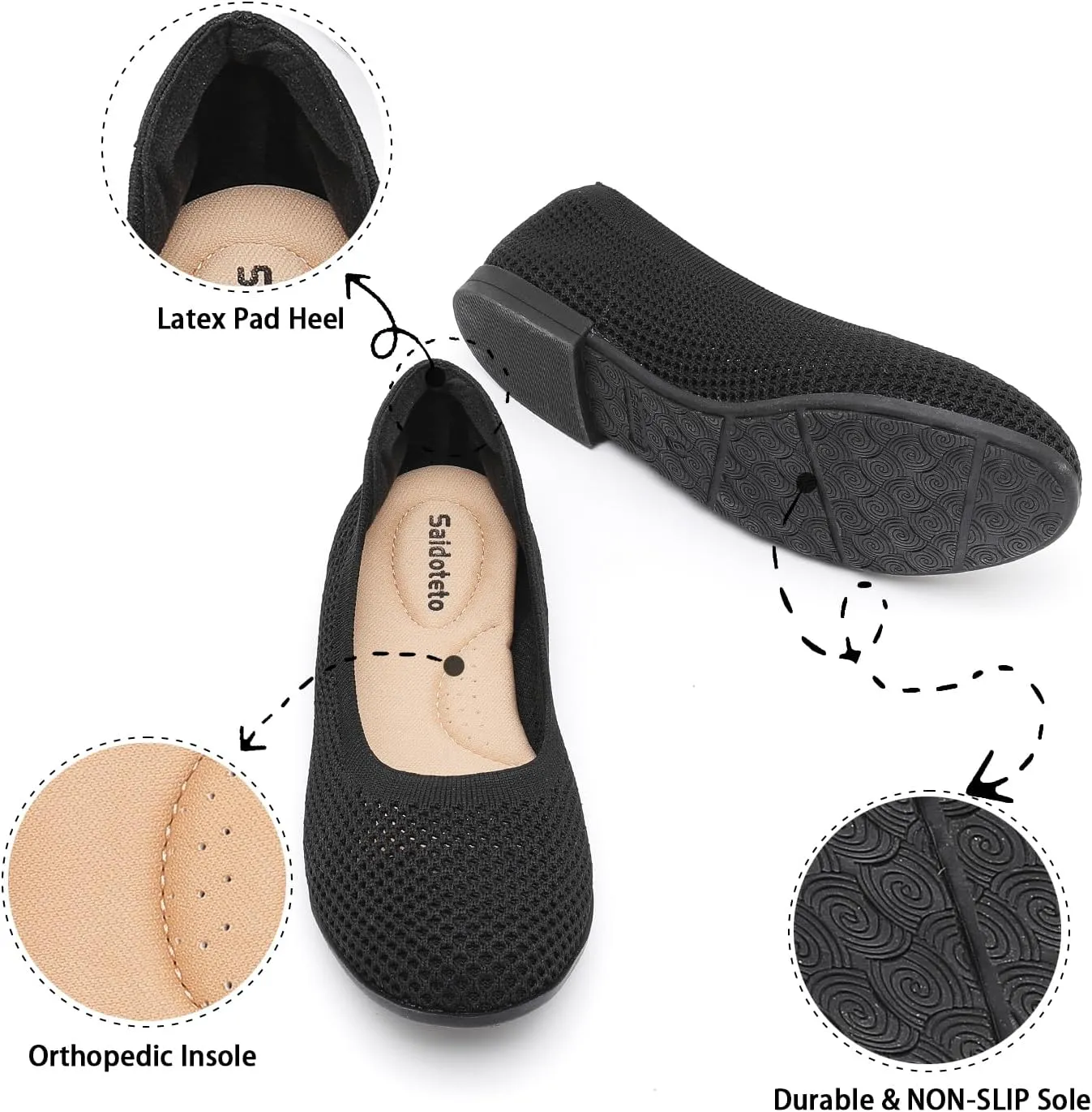 Saidoteto Women's Ballet Flats,Comfortable Round Toe Slip-On Elastic Knit Flat Shoes Casual Office Dress Shoes for Work & Walking