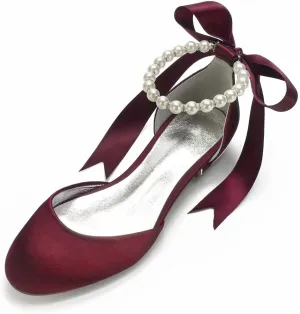 Satin Pearls Wedding Flats Shoes for Bride Round Toe Formal Evening Party Dress Flat Shoes Women 5049-63