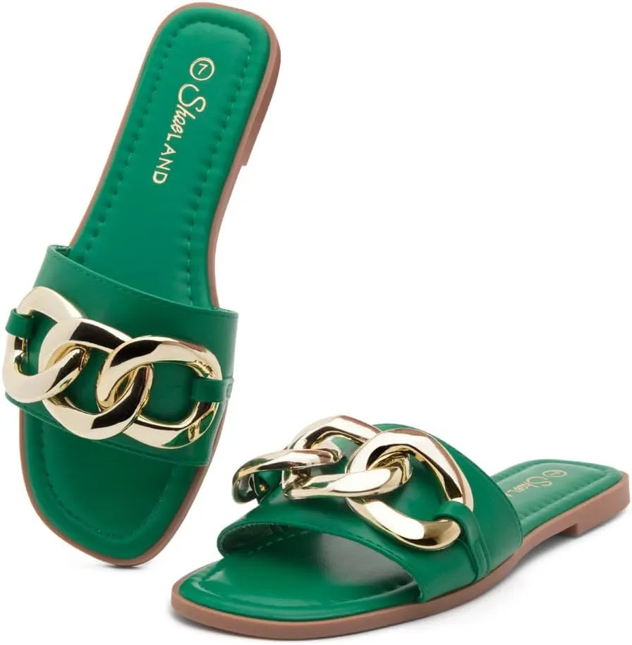 Shoe Land Women's Flat Sandals - Square Open Toe Single Band Fashion Slides with Metal Chain Dressy 2025 Trendy | Comfortable Slippers with Cushioned Footbed for Summer