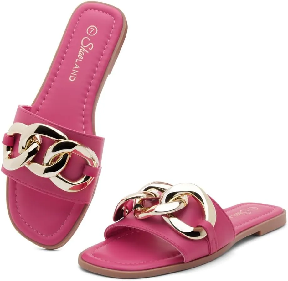 Shoe Land Women's Flat Sandals - Square Open Toe Single Band Fashion Slides with Metal Chain Dressy 2025 Trendy | Comfortable Slippers with Cushioned Footbed for Summer