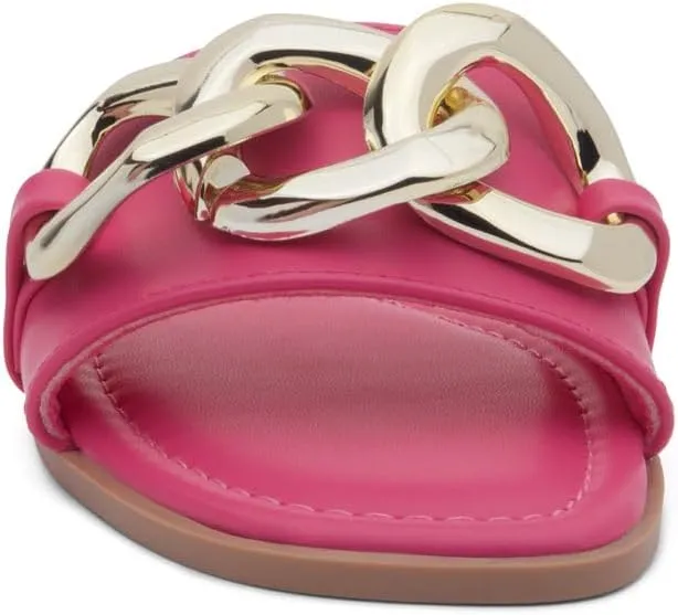 Shoe Land Women's Flat Sandals - Square Open Toe Single Band Fashion Slides with Metal Chain Dressy 2025 Trendy | Comfortable Slippers with Cushioned Footbed for Summer