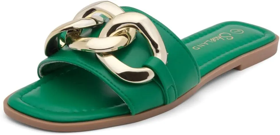 Shoe Land Women's Flat Sandals - Square Open Toe Single Band Fashion Slides with Metal Chain Dressy 2025 Trendy | Comfortable Slippers with Cushioned Footbed for Summer