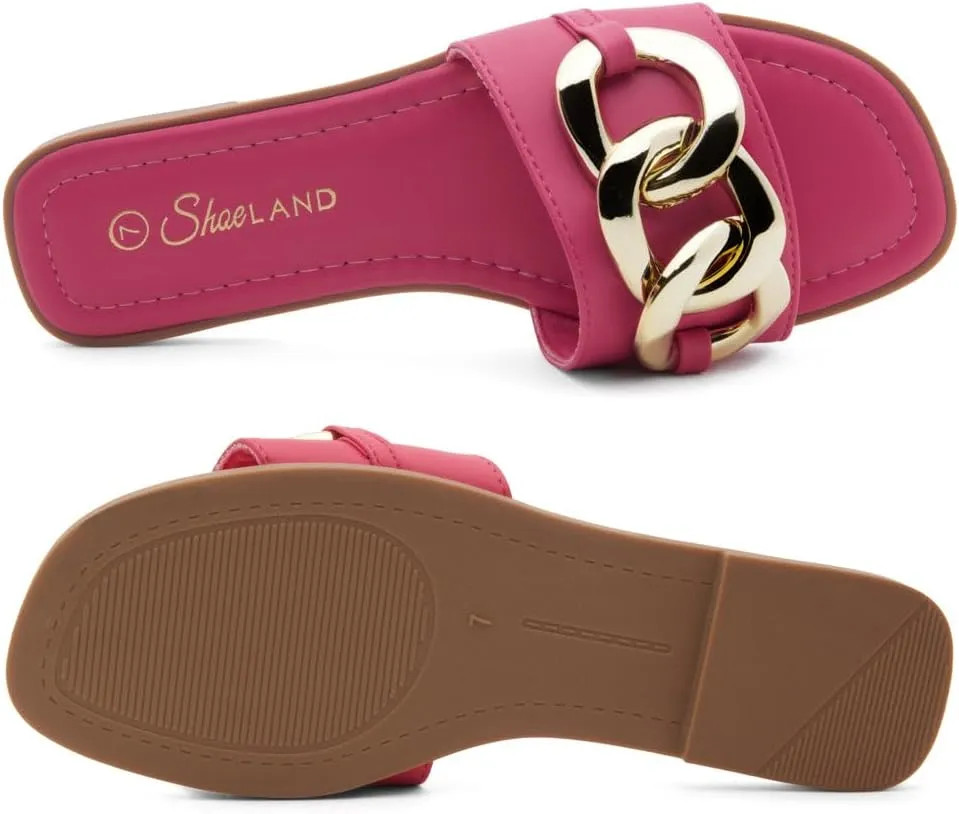 Shoe Land Women's Flat Sandals - Square Open Toe Single Band Fashion Slides with Metal Chain Dressy 2025 Trendy | Comfortable Slippers with Cushioned Footbed for Summer