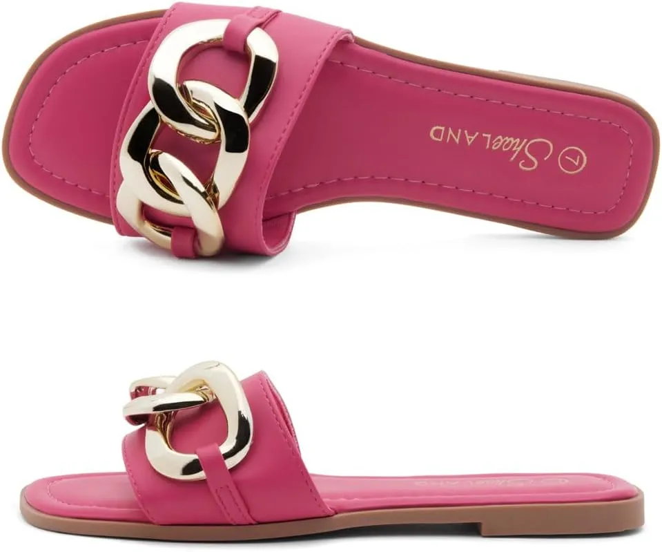 Shoe Land Women's Flat Sandals - Square Open Toe Single Band Fashion Slides with Metal Chain Dressy 2025 Trendy | Comfortable Slippers with Cushioned Footbed for Summer