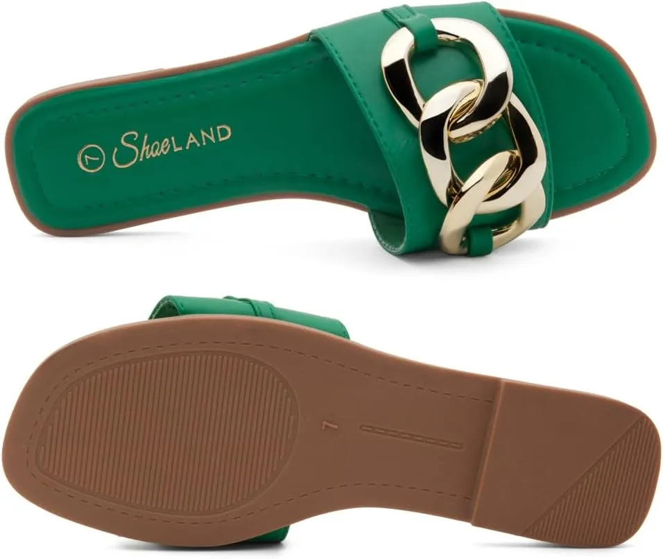 Shoe Land Women's Flat Sandals - Square Open Toe Single Band Fashion Slides with Metal Chain Dressy 2025 Trendy | Comfortable Slippers with Cushioned Footbed for Summer