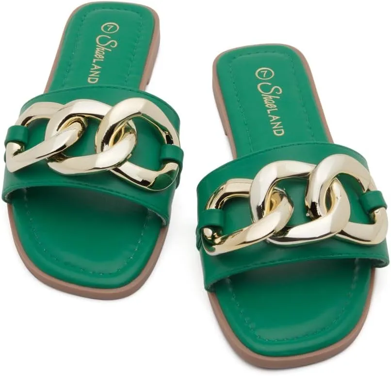 Shoe Land Women's Flat Sandals - Square Open Toe Single Band Fashion Slides with Metal Chain Dressy 2025 Trendy | Comfortable Slippers with Cushioned Footbed for Summer