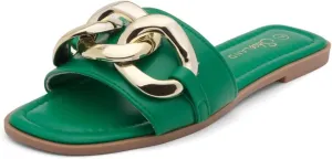 Shoe Land Women's Flat Sandals - Square Open Toe Single Band Fashion Slides with Metal Chain Dressy 2025 Trendy | Comfortable Slippers with Cushioned Footbed for Summer