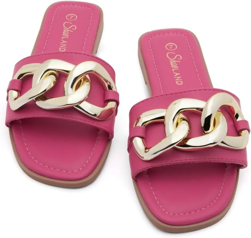 Shoe Land Women's Flat Sandals - Square Open Toe Single Band Fashion Slides with Metal Chain Dressy 2025 Trendy | Comfortable Slippers with Cushioned Footbed for Summer