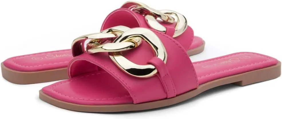 Shoe Land Women's Flat Sandals - Square Open Toe Single Band Fashion Slides with Metal Chain Dressy 2025 Trendy | Comfortable Slippers with Cushioned Footbed for Summer