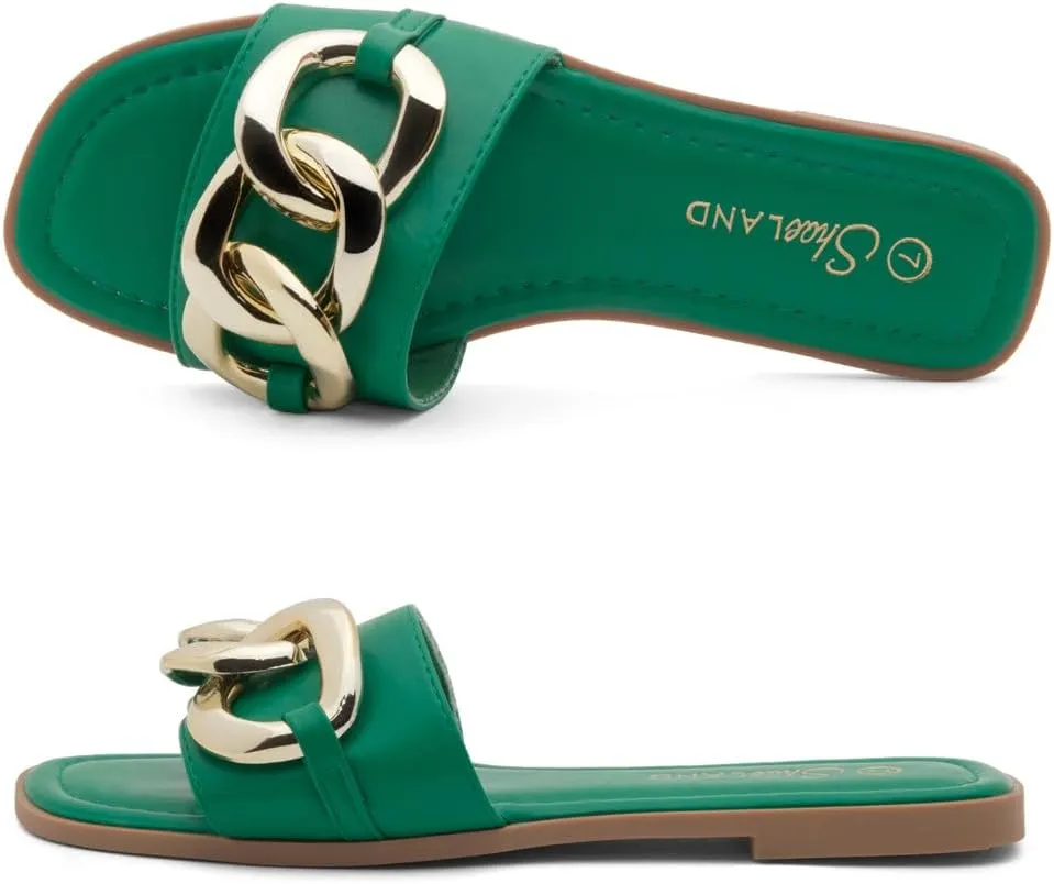 Shoe Land Women's Flat Sandals - Square Open Toe Single Band Fashion Slides with Metal Chain Dressy 2025 Trendy | Comfortable Slippers with Cushioned Footbed for Summer