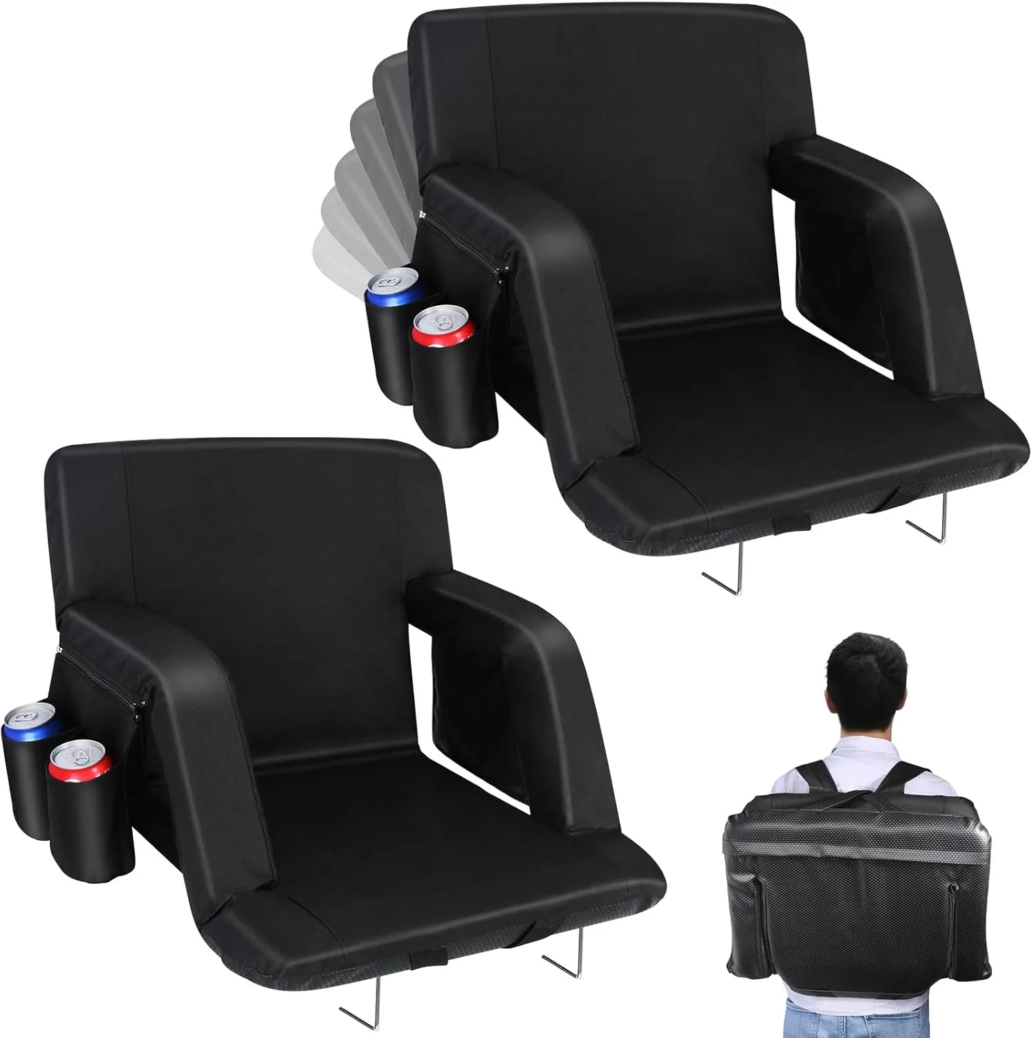 Stadium Seats with Back Support, Bleacher Chairs with Back and Cushion Wide Bleacher Seat 6 Reclining Back, Folding Stadium Chairs with Armrests Hook Cupholder for Outdoor Sport Beach Concert
