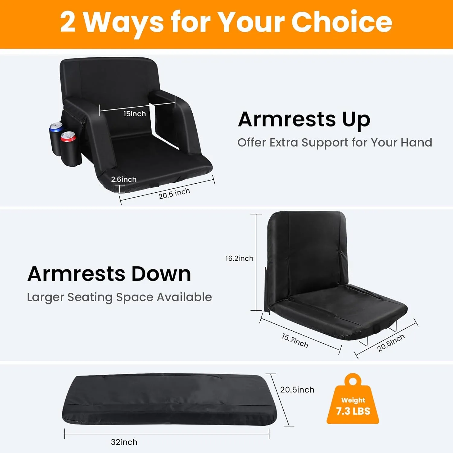 Stadium Seats with Back Support, Bleacher Chairs with Back and Cushion Wide Bleacher Seat 6 Reclining Back, Folding Stadium Chairs with Armrests Hook Cupholder for Outdoor Sport Beach Concert