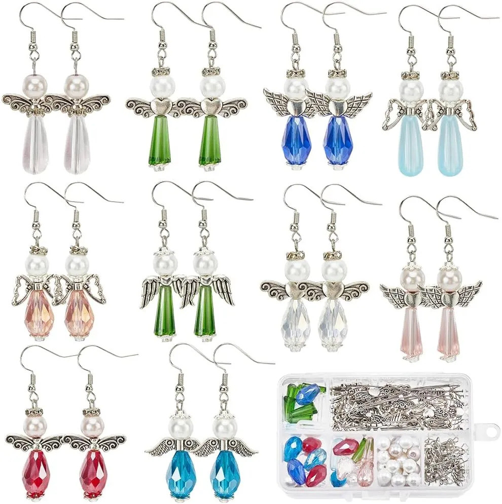 SUNNYCLUE 1 Box 10 Pairs Christmas Earring Kits Wings Beads Wing Charm Bulk Angel Charms Teardrop Glass Bead Rhinestone Spacers for Jewelry Making Kits DIY Dangle Earrings Gift Supplies