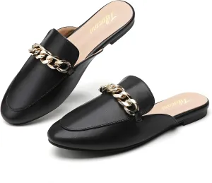 Tilocow Metal Chain Decor Flat Mules for Women Closed Round Toe Slip on Loafers Slides Backless Mules Flats