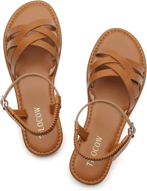 Tilocow Woven Women Flat Sandals Round Toe Buckle Slides Cross Strappy Casual Shoes for Summer