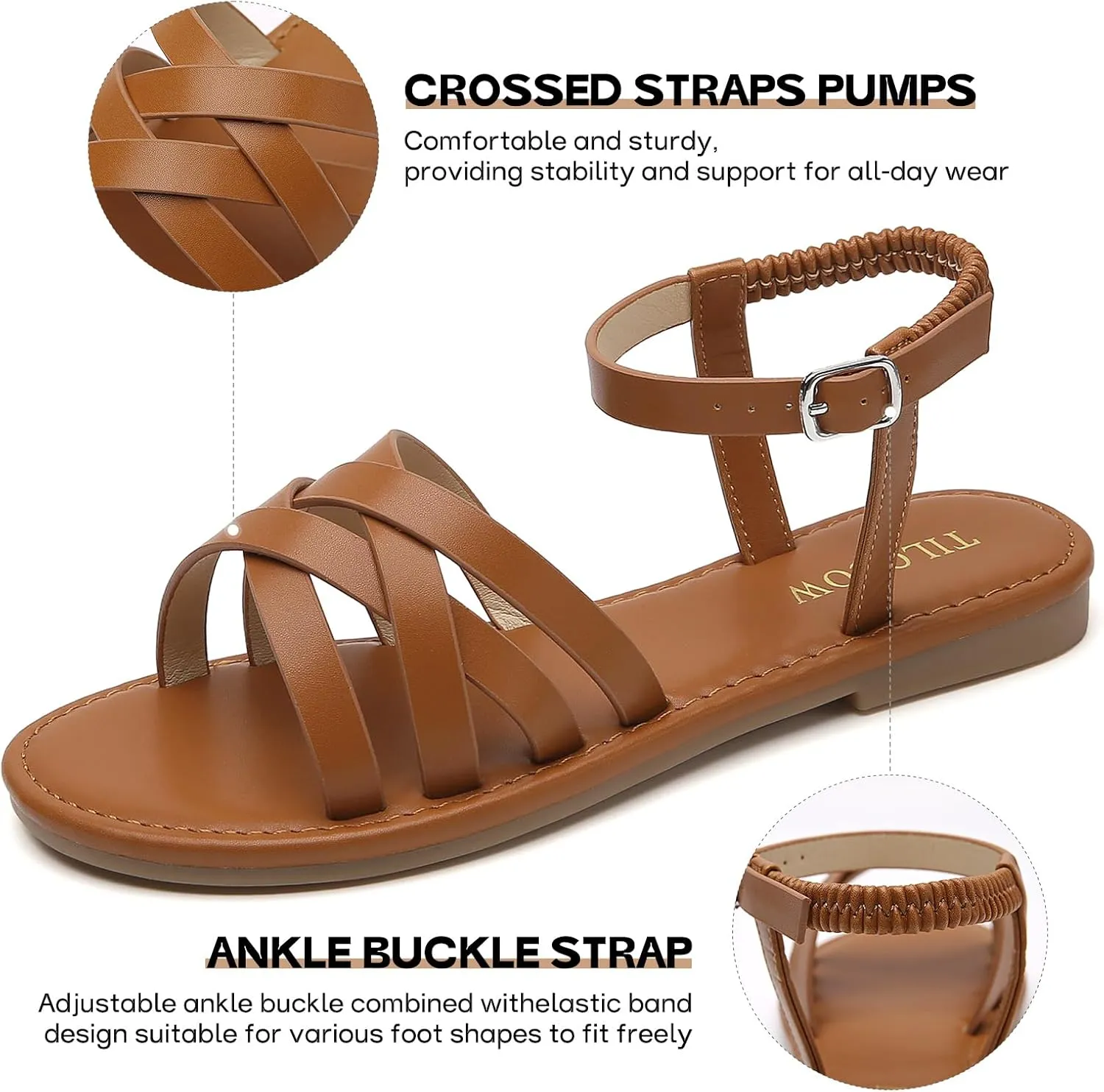 Tilocow Woven Women Flat Sandals Round Toe Buckle Slides Cross Strappy Casual Shoes for Summer