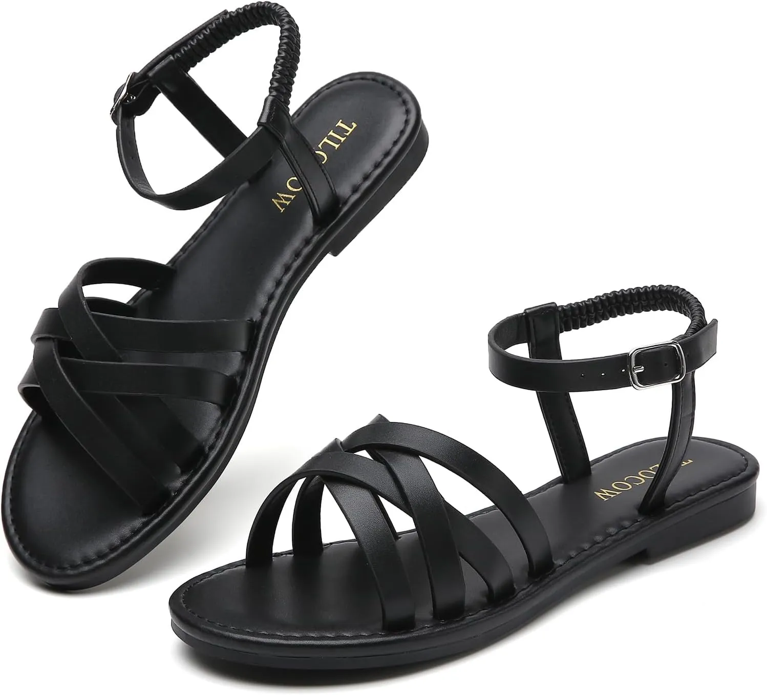 Tilocow Woven Women Flat Sandals Round Toe Buckle Slides Cross Strappy Casual Shoes for Summer