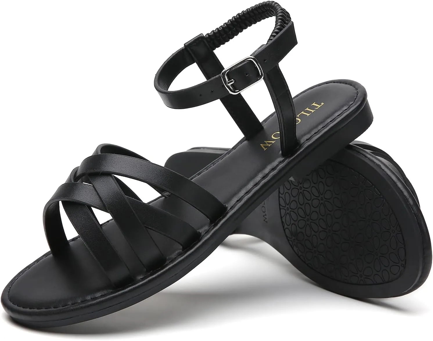 Tilocow Woven Women Flat Sandals Round Toe Buckle Slides Cross Strappy Casual Shoes for Summer