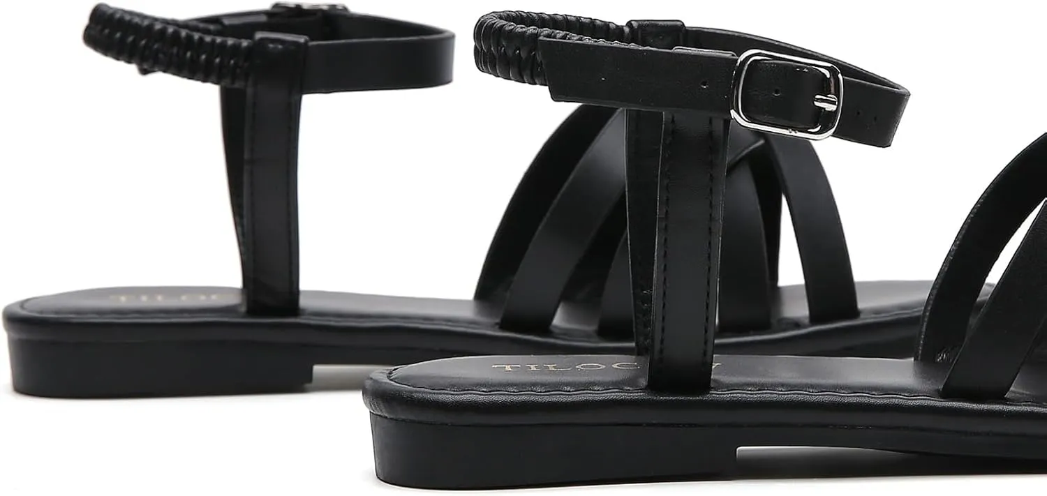 Tilocow Woven Women Flat Sandals Round Toe Buckle Slides Cross Strappy Casual Shoes for Summer