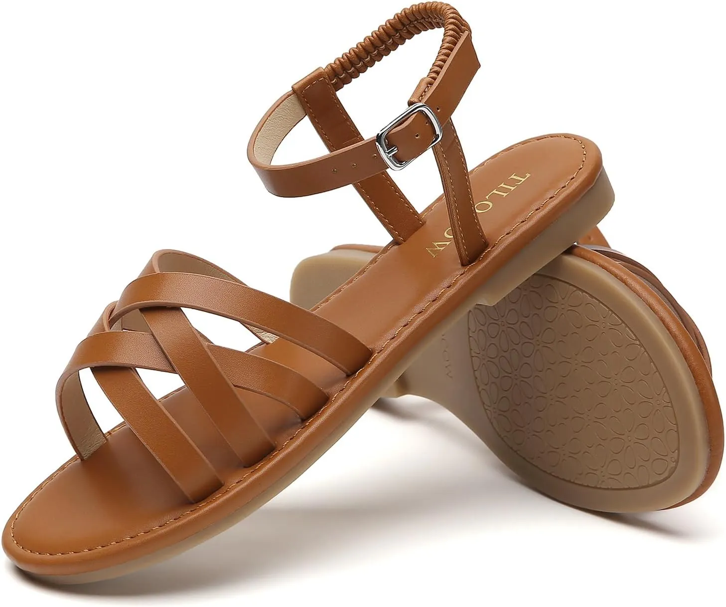 Tilocow Woven Women Flat Sandals Round Toe Buckle Slides Cross Strappy Casual Shoes for Summer